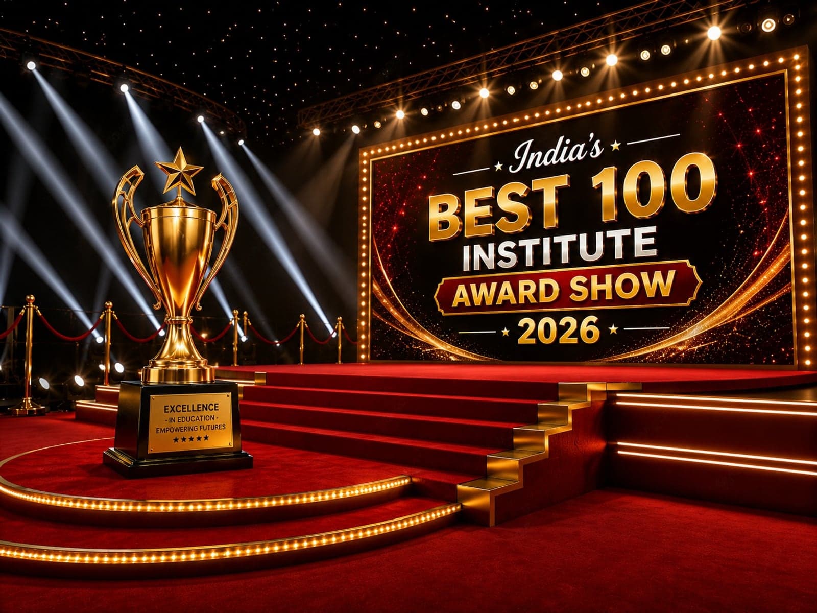 The India's Best 100 Institute Award Show 2026 stage — a golden Excellence in Education trophy on a red carpet before a lit LED backdrop